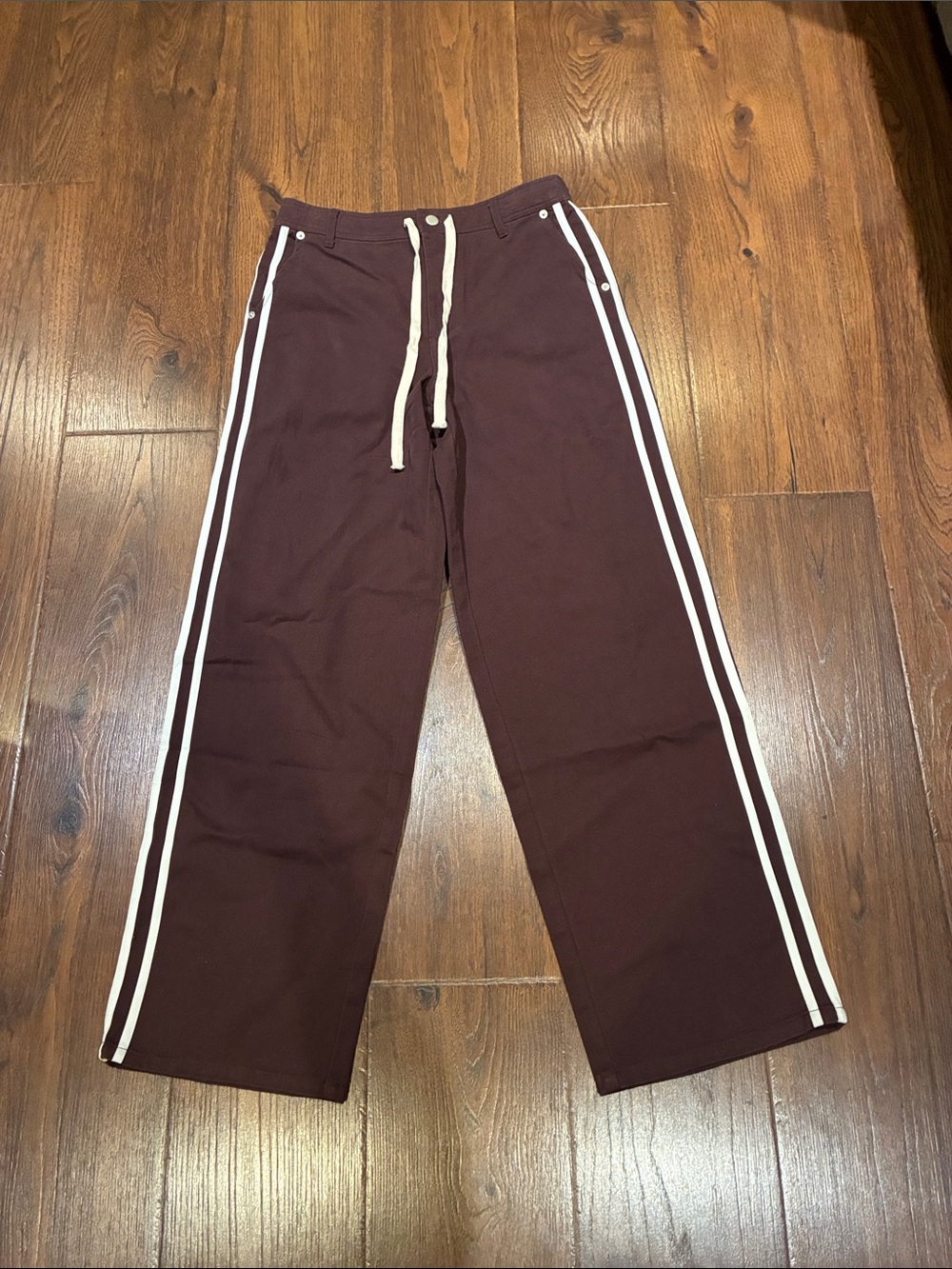 Wayf Wide Leg Track Pants in Maroon with White Stripes